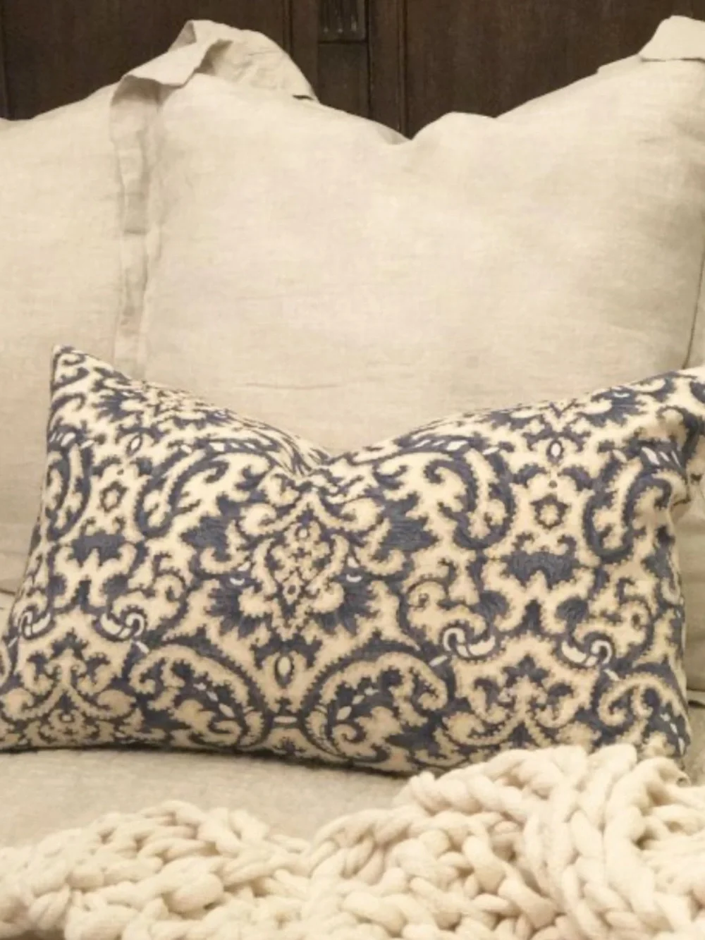 Pottery Barn Blue and Cream Damask Lumbar Pillow